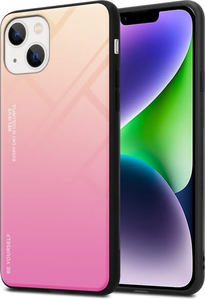 Cadorabo Hoesje geschikt voor Apple iPhone 14 in GEEL - ROZE - Tweekleurige beschermhoes van TPU-silicone Case Cover en achterzijde van gehard glas
