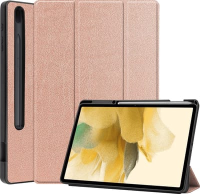 Hoesje Geschikt voor Samsung Galaxy Tab S7 FE - Dun & Stevig - Trifold Bookcase - Hard Cover Case - Met Uitsparing Geschikt voor S Pen - Hardcover Book - Tablet Hoes - Rosé goud