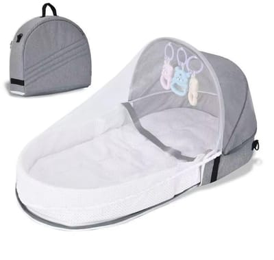 Opvouwbaar Draagbaar Babybed Babynest - met Afneembare Klamboe en Hangspeeltjes – Grijs - Draagtas - Ideaal voor Gemakkelijk Reizen -