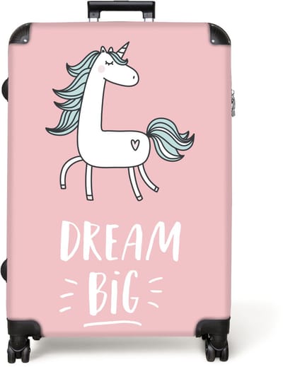 NoBoringSuitcases.com® - Koffer groot - Reiskoffer lichtgewicht - Quote - Eenhoorn - Roze - Dream Big - Meisje - Rolkoffer met 4 wielen - Grote trolley XL - 98 liter bagage