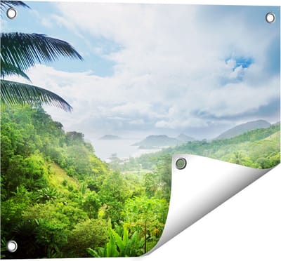 Gards Tuinposter Jungle Uitzicht op de Seychellen - 50x40 cm - Tuindoek - Tuindecoratie - Wanddecoratie buiten - Tuinschilderij
