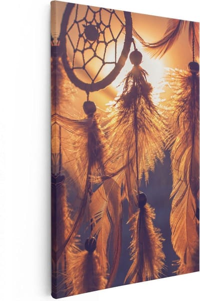 Artaza Canvas Schilderij Zonsondergang - 20x30 cm - Klein - Wanddecoratie Dromenvanger - Muurdecoratie Veren - Schilderijen Op Canvas