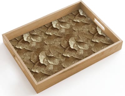 Dienblad hout 40x30 cm - Schootdienblad - Organisch - Patroon - Bladeren - Goud - Borrelplank rechthoek - Plateau dienbladen