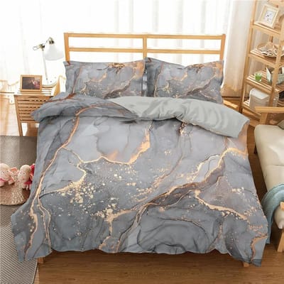 Ensemble de literie marbre Taille King_Queen, Housse de couette marbre gris doré Hommes Adultes Art abstrait moderne Tie Dye Gothique Housse de couette douce EU Twin 135x200cm gray