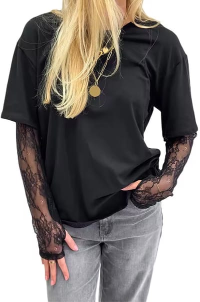 Dames Shirt Mode - Zwart - Kanten Mouwen - Doorschijnend - Zomer - Tshirt