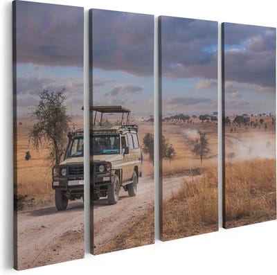 Artaza Canvas Schilderij Vierluik Safari Auto in de Savanne - 80x60 - Foto Op Canvas - Canvas Print