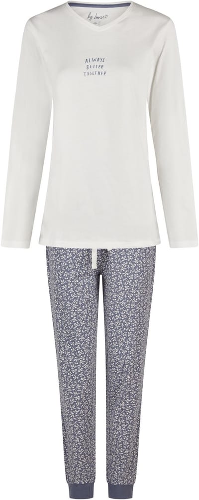 By Louise Dames Pyjama Set Lang V-Hals Off-White/Donkerblauw Gebloemd - Maat M