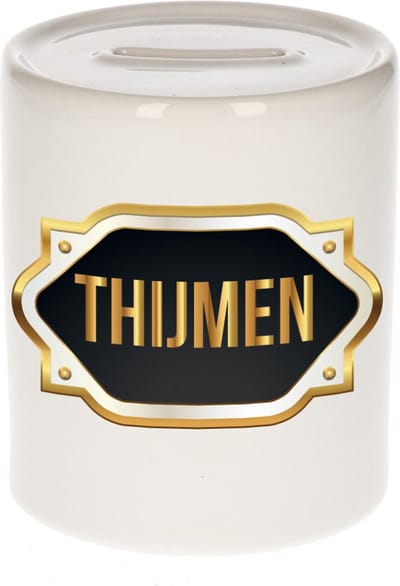 Spaarpot met voornaam Thijmen - wit - met goud/zwart embleem - 8 x 9 cm - keramiek - met afsluitdop - cadeau verjaardag