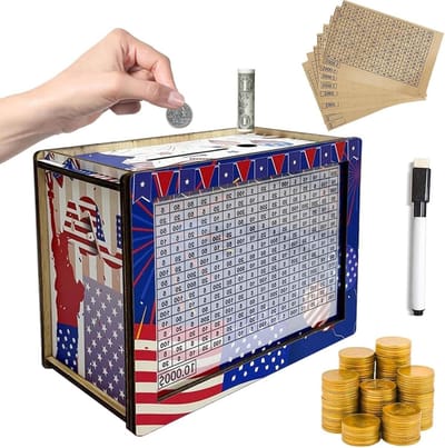 Houten spaarpot - Geldkistje Doel - Geld Besparen - Visueel Spaarproces - 22 x 15.5 x 3 cm - Houtkleur