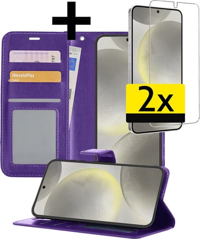 Hoesje - Met 2x Screenprotector - Geschikt voor Samsung Galaxy S24 - Luxe Pasjeshouder - Bookcase Portemonee - Flip Case - Kunstleer Book Case - Flipcase Hoes - Book Cover - Walletcase - Portemonneehoes - Telefoonhoesjes - Paars