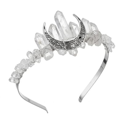 Zilverkleurige tiara met maan hanger en kristallen – diadeem voor dames – fantasie hoofdband met maansteen look en edelsteen accenten – geschikt voor festivals, fotoshoots en speciale gelegenheden