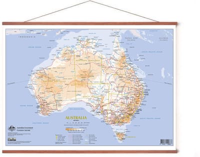 Poster In Posterhanger - Kaart Australië - 50x70 cm - Steden & Staten - Kader Hout - Ophangsysteem - Educatief