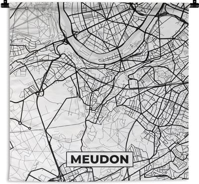 Wandkleed - Wanddoek - Plattegrond - Meudon - Kaart - Frankrijk - Stadskaart - Zwart wit - 180x180 cm - Wandtapijt