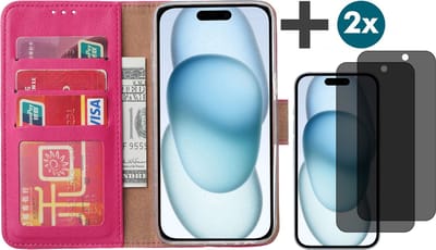 Hoesje met Privacy Screenprotectors 2 Stuks Geschikt voor iPhone 15 Plus – Arara bookcase met pasjeshouder - Roze