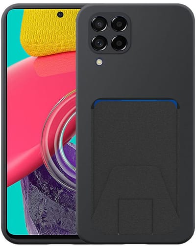 Geschikt voor Samsung Galaxy M53 Telefoonhoesje met Verstelbare Leren Pasjeshouder - Flexible Back Cover Case Siliconen TPU with Adjustable Leather Cardslot - Zwart - Smartphonica geschikt voor Samsung Galaxy M53 5G