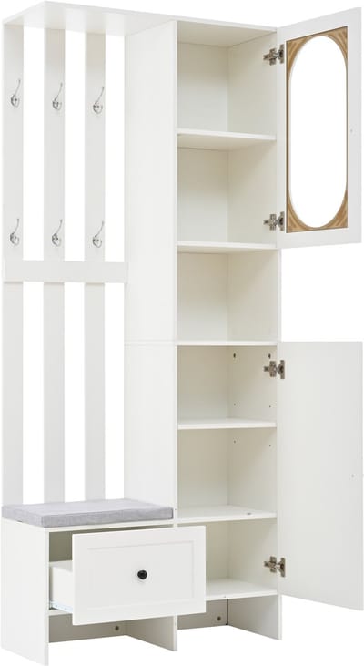 MODENUIT Garderobekast - 2 Kasten, Haken, Schoenbank Voor Hal - Spaanplaat Met Gehard Glas - 85x33,5x200 cm - Wit