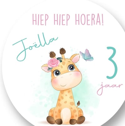 20x Giraf Stickers met Naam en Leeftijd - Verjaardag Meisjes - Giraffen - Giraffe - Traktatiestickers met naam - Gepersonaliseerd - Sluitstickers - Kinderfeest Traktatie - Uitdelen - Uitdeeltraktatie - Wensetiket - Rond - 40mm - Glossy sticker