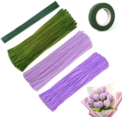 Kleurrijke Tulpenbloem Boeket Pijpenreiniger Set met 300 Stuks, Inclusief Groene Draad, Plakband en Creatieve Knutselmaterialen