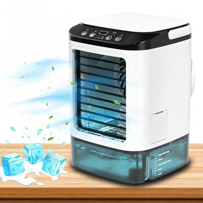 Luchtkoeler - Draagbare airconditioner - Persoonlijke koeler - Met 2 vernevelingsstanden en verlichting in 7 kleuren en 3 snelheden - 900 ml watertank - Met handvat - Voor thuis kamer of kantoor