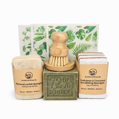Eco Keuken Schoonmaak Set – Marseille Zeep 300g + Bamboe Afwasborstel + Plant-Based Sponzen & Herbruikbare Doeken – Duurzaam & Herbruikbaar