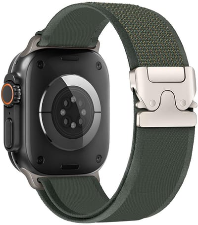 Nylon bandje - geschikt voor Apple Watch 1/2/3/4/5/6/7/8/9/10/11/ SE (1,2,3) met maat 38 mm / 40 mm / 41 mm en 42 mm (Watch 10/11) - P-Buckle gespsluiting - army groen