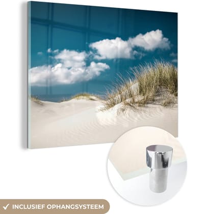 MuchoWow® Glasschilderij 160x120 cm - Schilderij acrylglas - Strand - Duinen - Gras - Foto op glas - Muurdecoratie woonkamer - Wanddecoratie slaapkamer - Schilderijen