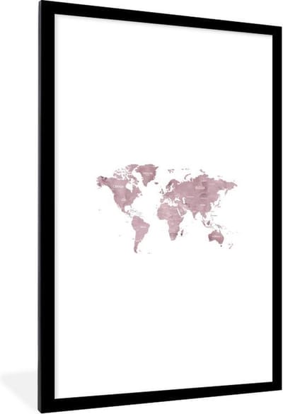 Poster in lijst - Fotolijst 60x90 cm - Posters - Wereldkaart - Roze - Marmer - Posterlijst zwart - Decoratie - Wanddecoratie woonkamer - Muurdecoratie slaapkamer