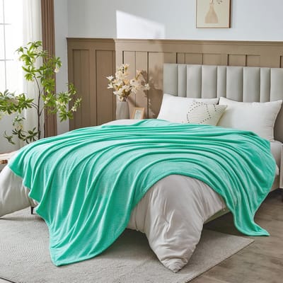Queensize deken van hoogwaardige flanellen fleece met bladpatroon - Aqua, lichtgewicht en geschikt voor alle seizoenen (228,5 x 228,5 cm)