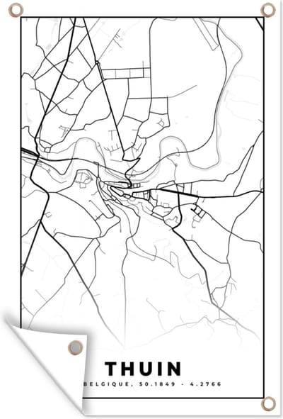 Muurdecoratie Plattegrond – Thuin – Zwart Wit – Stadskaart - Kaart - België - 120x180 cm - Tuinposter - Tuindoek