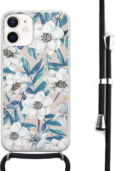 Casimoda® hoesje met koord - Geschikt voor iPhone 12 Mini - Bloemen / Floral blauw - Afneembaar koord - Siliconen/TPU - Blauw