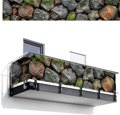 Balkonscherm 500x85 cm - Balkonposter Steenlook - Mos - Grijs - Groen - Balkon scherm decoratie - Balkonschermen - Balkondoek zonnescherm