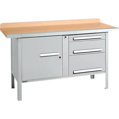 Box-type werkbank Schäfer Shop Select PWi 150-7, beuken multiplex blad, met stalen rand, tot 750 kg, B 1500 x D 700 x H 840 mm, blank aluminium