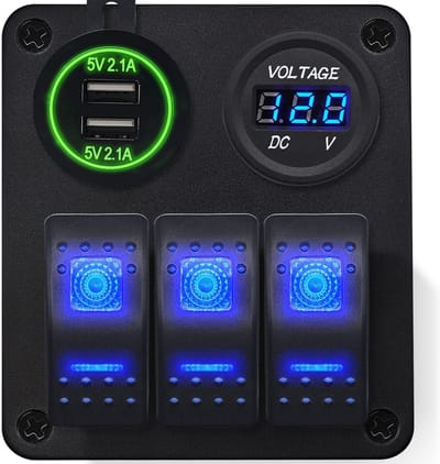 ProRide Schakelpaneel 12V voor Auto/Boot - USB Lader 2 Poorten met Voltmeter - QC3.0 - DS2120B - 3 Schakelaars