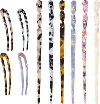 Chopsticks voor Haar, 10 Stuks Acetate Haarstokjes en U Vorken, Vintage Tortoise Shell Haarklemmen voor Franse Updo en Bun Coiffures