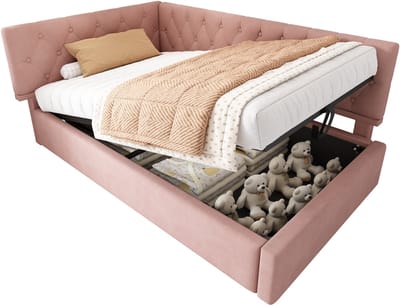 Wishdor – Dagbed 90x200 cm – L-vormig met hydraulische opbergruimte – Fluweel – Roze – Creëer een romantische loungeplek met opbergruimte