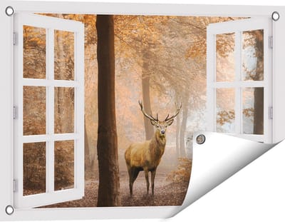 Gards Tuinposter Doorkijk Hert in het Bos - Herfst - 60x40 cm - Tuindoek - Tuindecoratie - Wanddecoratie buiten - Tuinschilderij