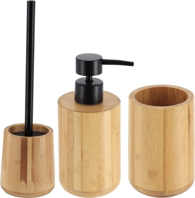 Badkamer set - zeeppomp/beker/WC-borstel - bamboe - zwarte accenten