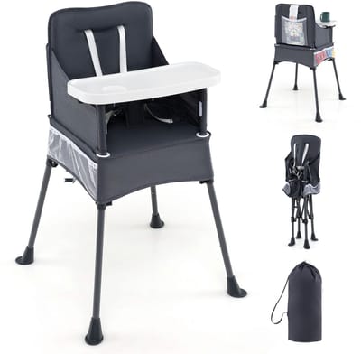 COSTWAY Kinderstoel voor baby's, inklapbaar, kinderstoel met verstelbaar dienblad, opbergtas en veiligheidsgordel, babystoel met draagtas, babystoel voor baby's van 6-36 maanden