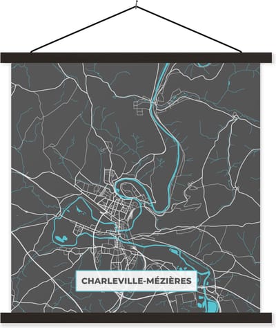 Posterhanger incl. Poster 60x60 cm - Schoolplaat - Charleville-Mézières - Kaart - Plattegrond - Frankrijk - Stadskaart - Textielposter - Zwarte latten - Stadskaart