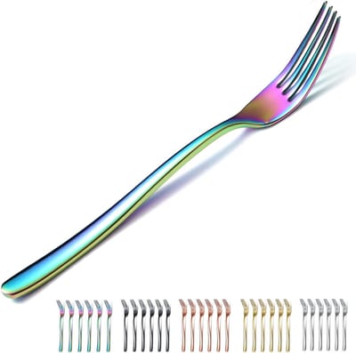 Set van 6 RVS Tafelvorken met Regenboog Titanium Coating - 21,5 cm, Vaatwasmachinebestendig Bestek voor Diner en Feestjes