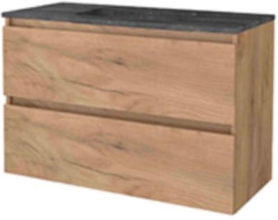 Basic-Line Start 46 Badkamermeubelset - 100 x 46 cm - Greeploos - 2 Lades - Hardstenen Wastafel - 1 Kraangat - Whisky Oak