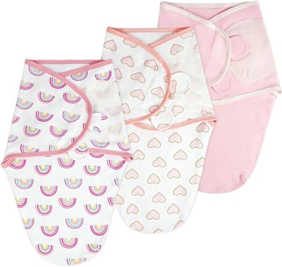 Set van 3 Organic Swaddling Doeken voor Pasgeborenen, Verstelbare Slaapzak voor Jongens en Meisjes, 0-3 Maanden, Roze, Ademend en Zacht