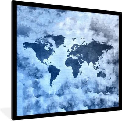 Poster in lijst - Fotolijst 40x40 cm - Posters - Wereldkaart - Blauw - Verf - Posterlijst zwart - Decoratie - Wanddecoratie woonkamer - Muurdecoratie slaapkamer