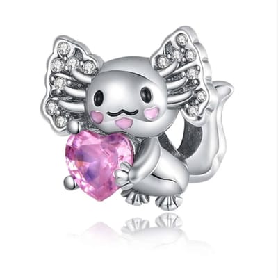 Fler® | Bedel | Past op populaire bedelarmbanden (standaard - 3mm) | Axolotl Bedel | Hangbedel Charm | 925 sterling zilver | Roze & Transparante zirkonia | Roze & Zwarte emaille | Armband Kraal | Valentijnsdag Cadeau | Sinterklaas kado | Kerstcadeau