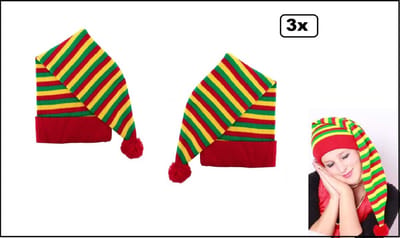 3x Luxe Slaapmuts lang gestreept rood/geel/groen - Slaap muts Themafeest fun carnaval optocht slaapfeest festival thema feest verjaardag fun
