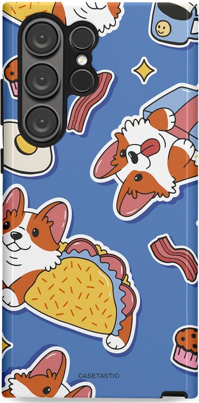 Casetastic Hoesje Geschikt voor Samsung S23 Ultra - Stijlvolle Beschermende Duo-layer Case - Corgi en Snacks