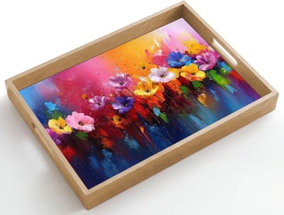 Dienblad hout 50x35 cm - Schootdienblad - Fantasiebloemen - Verf - Speels - Borrelplank rechthoek - Plateau dienbladen