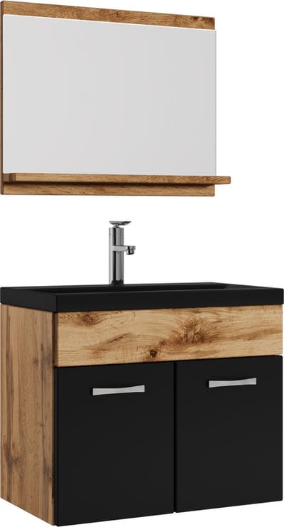 Badplaats Badkamermeubel Montreal Set 02 60 x 35 cm – Eiken met Mat Zwart – Hangend Meubel met Zwarte Wastafel en Spiegel