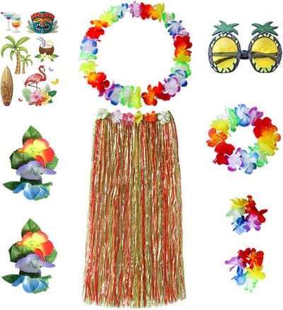 Kleurvolle 9-delige Hawaïaanse Hula Rok Kostuum met Hibiscus Haarclip en Ananas Bril voor Tropische Feestjes en Strandactiviteiten