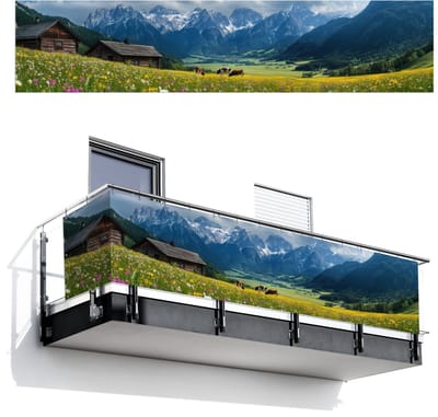 Balkonscherm 500x110 cm - Balkonposter Alpen - Weide - Bergen - Koeien - Balkon scherm decoratie - Balkonschermen - Balkondoek zonnescherm